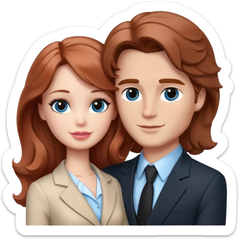 Barbie girl  , eyes blue , Chestnut red long wavy hair In pale beige clothes, Hugs a man with brown hair short haircut, brown eyes , and a black suit sticker