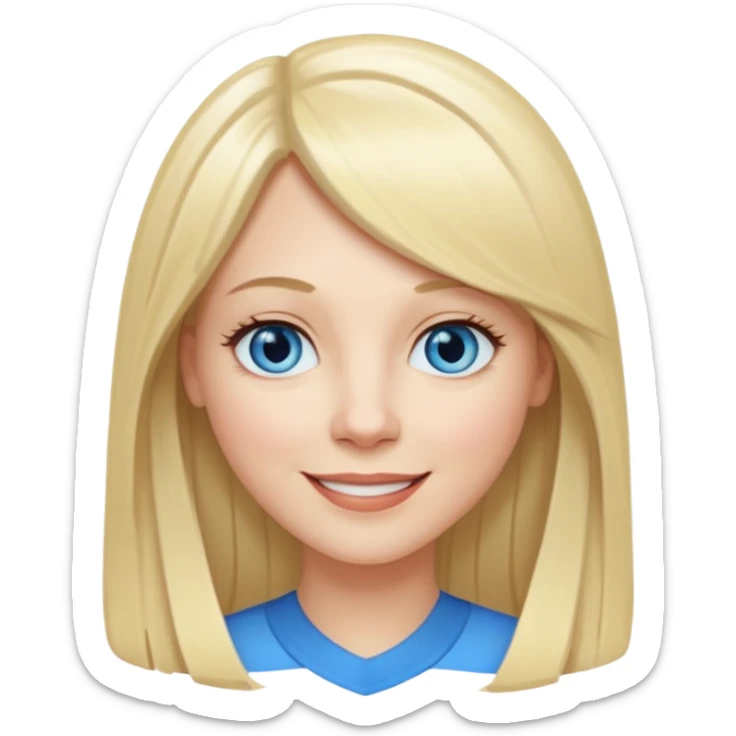 40 yr old white woman, pale skin, long straight blond hair parted in center, blue eyes, bangs sticker