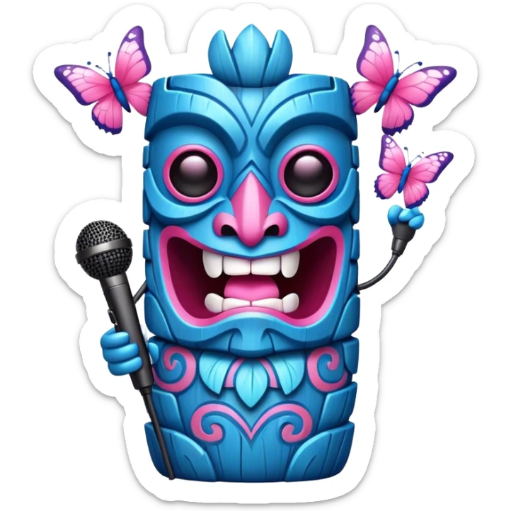 Cartoon Blue and pink tiki singing with butterfly and in the mikrophone sticker
