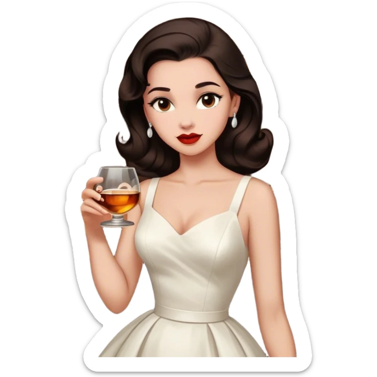 Beautiful woman in 1950’s woman fashion look, white dress, long dark brown hair, whisky with ice sticker