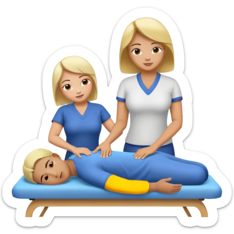 Large breasted asian woman gives a massage to a boy with blonde hair on a massage table sticker