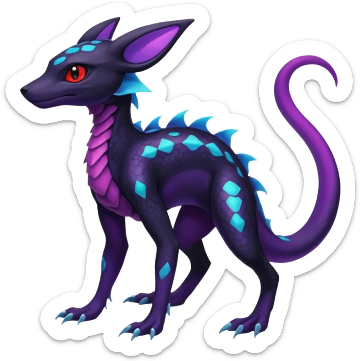 Gothic Black red purple Scaley Exotic Salandit-Umbreon-Suicune-Fakémon-hybrid-creature (full body), 4 legs sticker