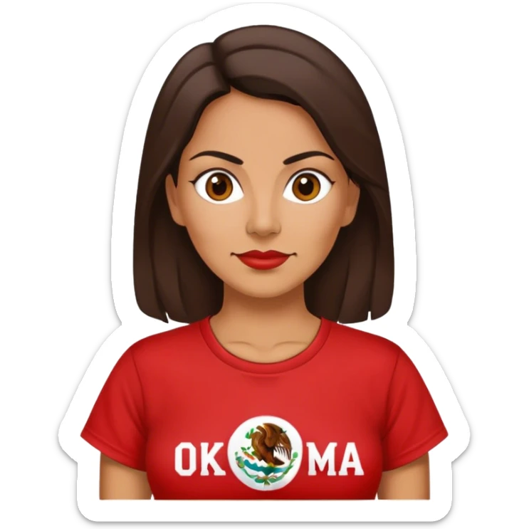 Brunette 40 year old Mexican woman in a red “OKLAHOMA” t-shirt sticker