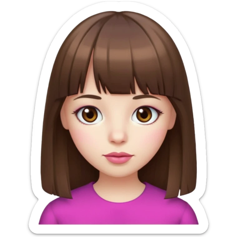 brown straight hair, bangs, big brown eyes, small nose, pale white skin, pink lips sticker