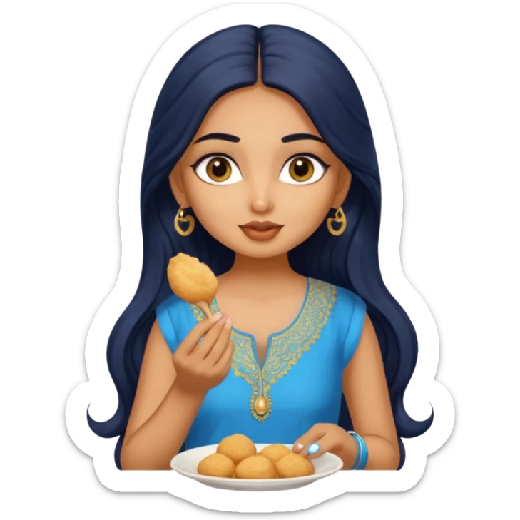 a pretty tan indian bratz girl. eyeliner on, wearing a blue kurti, eating golgappa. NO SPOON. wavy long black hair sticker