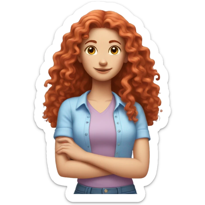 white girl with long red curly hair, wearing a pastel periwinkle shirt doing a pose sticker
