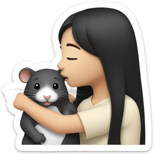 A korean girl with long black hair whispering to a rat sticker