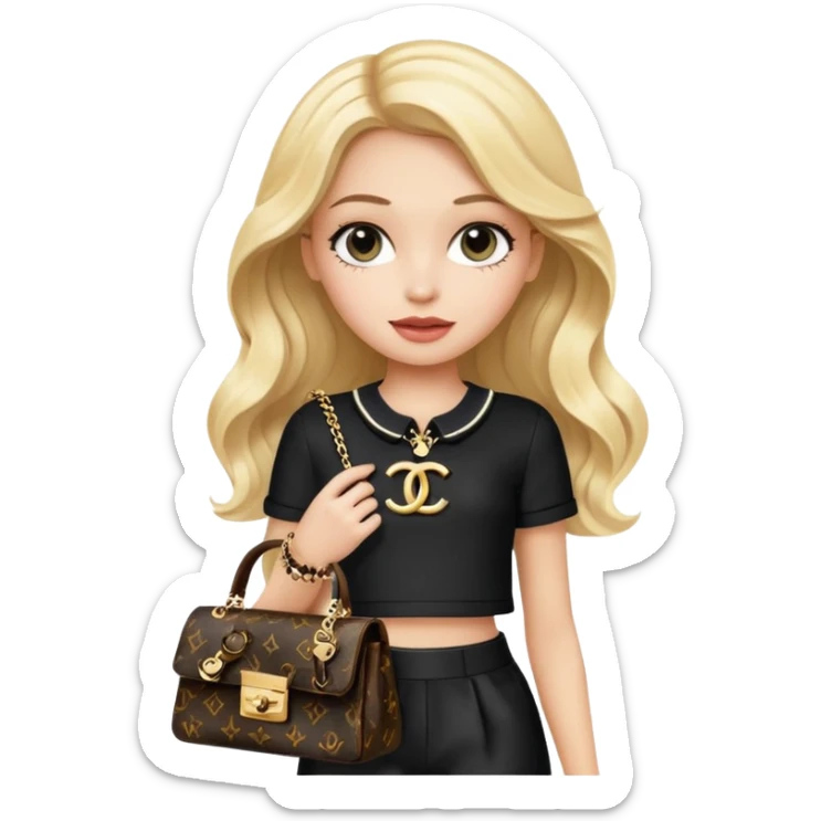 long wavy blonde girl inspired by Chloe from Bratz, wearing a Chanel logo two-piece black and white outfit, holding a Louis Vuitton purse, emoji style sticker