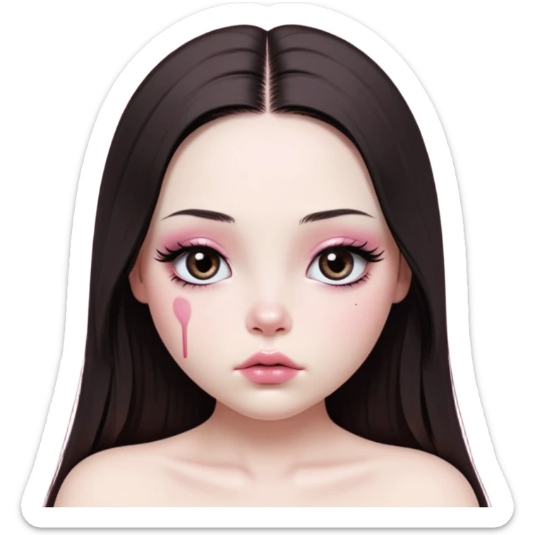 girl with white skin, dark brown long realistic straight hair with middle part prominently falling in front of her body over her shoulders, very big pouty extra shiny lips with absolutely no cupid's bow, big round shiny eyes with black eyeballs and huge eyelashes, no eyeshadow, pink blush on cheeks, lighter button nose, extremely long oval-shaped face, wearing a pink off-shoulder top, looking directly at camera with hands down at sides sticker