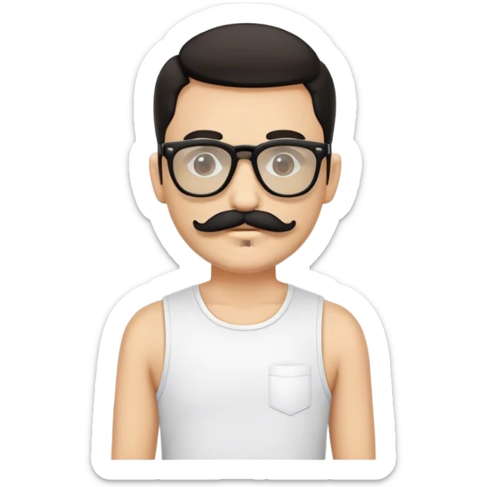 Emoji de un hombre con bigote, gafas de sol pequeñas, pañuelo negro con estampado blanco, camiseta sin mangas beige y bandolera negra. sticker
