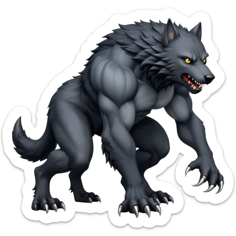 cinematic-noble-fierce-werewolf-on all fours-emoji, poised-and-imposing, with a tall, lean, and muscular wolfish frame inspired by the brutal, imposing shape of the beast from Berserk, fur rippling in shades of midnight black and silver, massive paws with razor-sharp claws, elongated limbs and fangs, eyes glowing with an intense, primal ferocity, reflecting the untamed power of the wild moonlit night; rendered with realism sticker