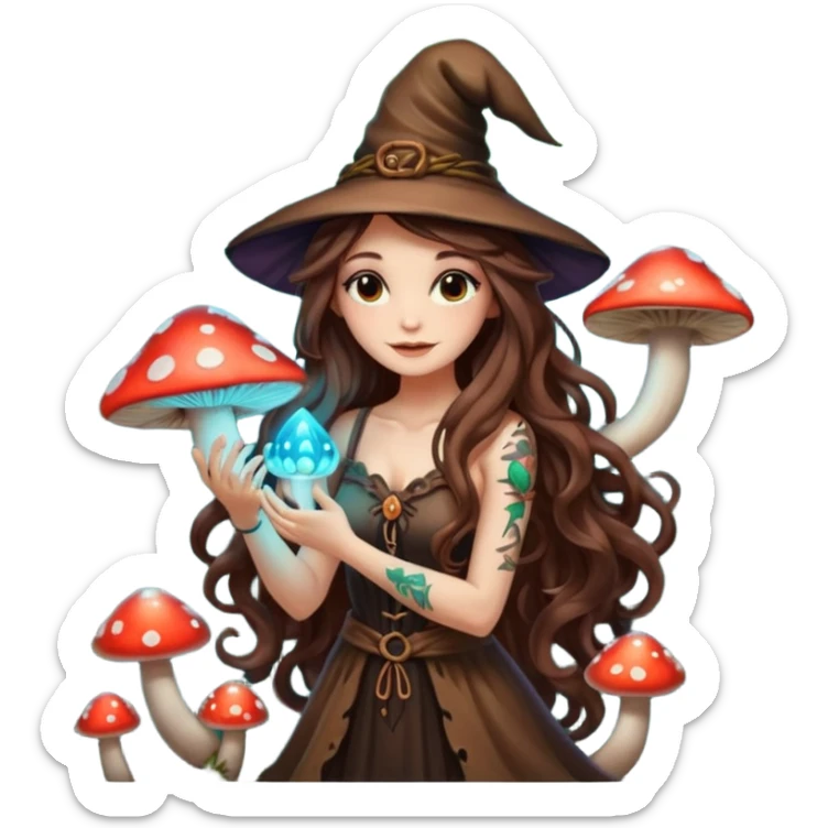 cute forest witch woman long wavy brown hair tattoos hugging glowing mushroom sticker