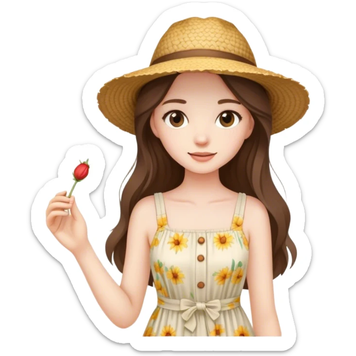 beautiful pale brunette girl with long hair in a summer dress and straw hat sticker