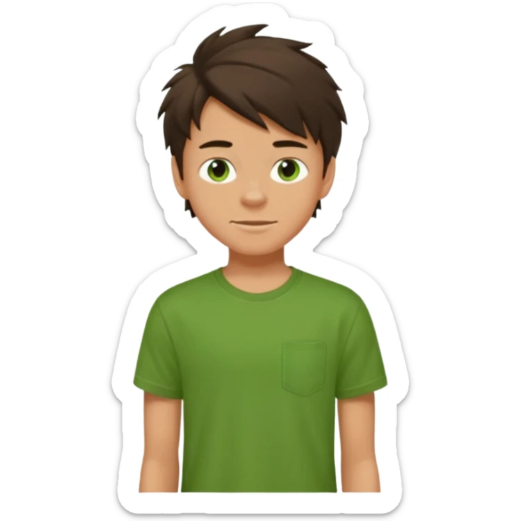 A 14 yerar old teenage boy, slightly tanned, wearing a green t-shirt , blue jeans and green sneakers with dark brown tousled hair, smirking sticker