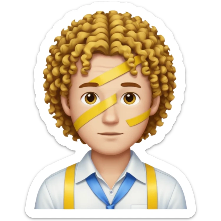 Make me an emoji that has a guy with a white shirt and yellow tape around the shirt with brown and blue spots hair make the hair curly sticker