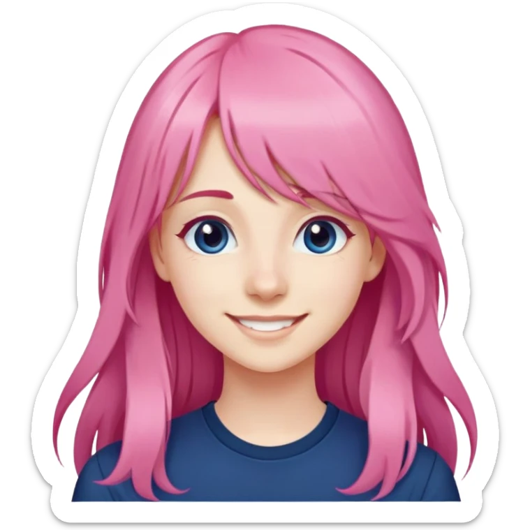 nữ 20 tuổi, da trắng, tóc dài nhuộm hồng, tóc mái bằng dài đến lông mày, mặt cười tươi vui vẻ, áo xanh đậm sticker