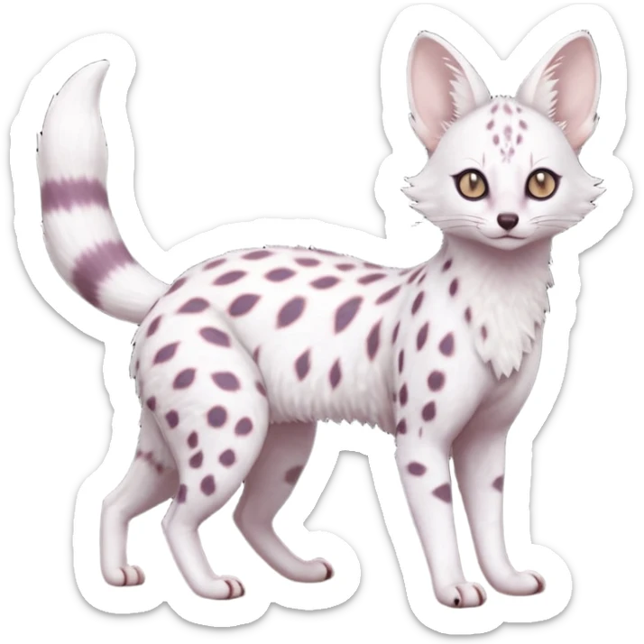White Albino light whitish grey-spotted Serval-Civet-Genet-Trico-Furret-Linoone-Noibat-Espeon-Fakémon-Pokémon-animal-hybrid-fusion-creature (full body) with vibrant glowing eyes, cute, elegant, soft, realistic, pastel fur sticker
