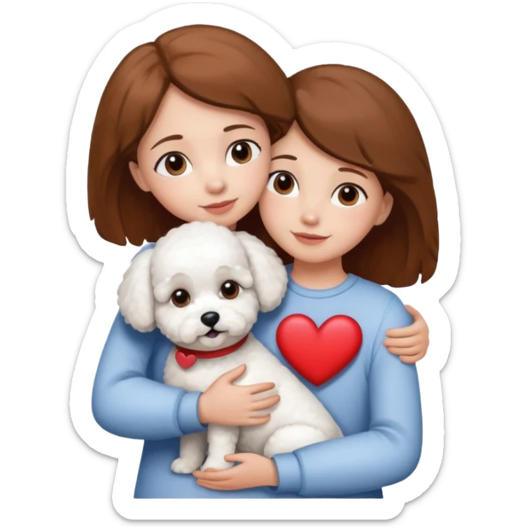 White older dog bishon in hug with birl with brown hair and heart between them sticker