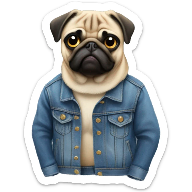 pug wearing a denim jacket with patches on the back of the denim jacket sticker