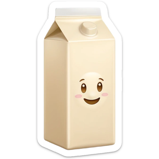 soy milk slim carton or bottle, white or beige, minimal modern style, neutral cap or spout, small soy bean or leaf illustration, no branding or text, smooth creamy liquid, no glass, cereal, or background, no faces, clean 3D, soft shadows, transparent background, emoji scale sticker