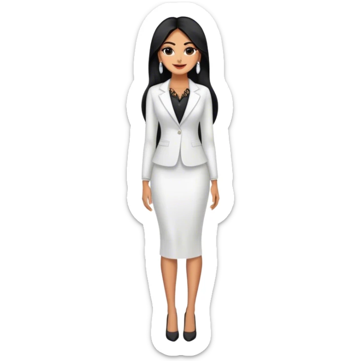 beautiful fit tall woman boss, with long straight black hair, with make up, black eye liner, smile, mexican, brown skin, wearing beautiful profesional outfit and white earings, full body sticker