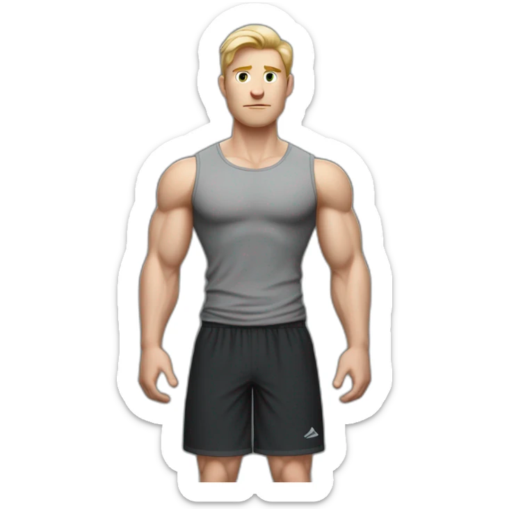 Full height Pale skinned fit man With Wide jaw, biceps and blonde hair In dark gray sleeveless mike, black oversize sports shorts, watch and white sneakers. his arms crossed over his chest sticker
