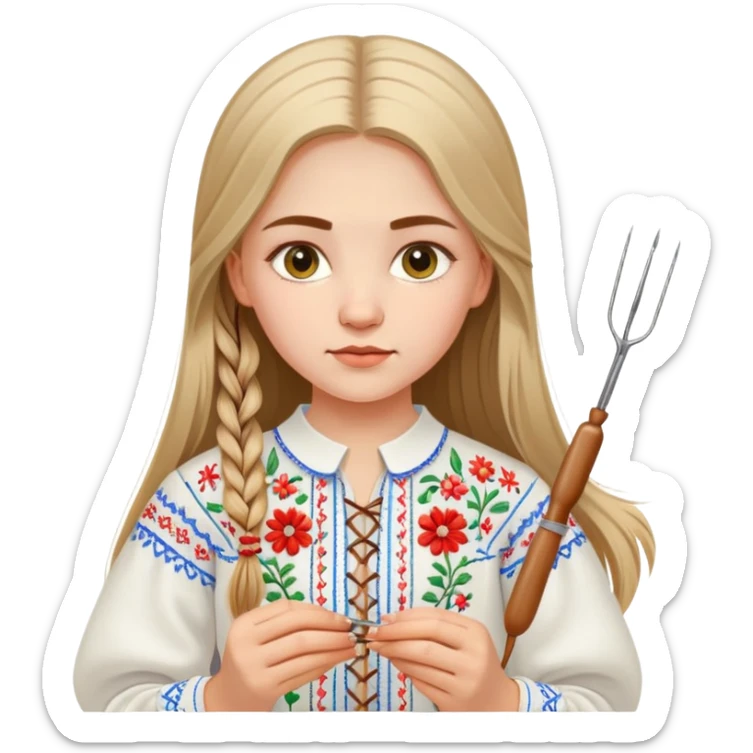 Ukrainian young girl with long hair wearing a white embroidered traditional shirt (vyshyvanka) holding sewing tools like a needle and thread sticker