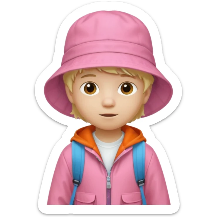 A little boy student white skin, blonde hair, with white bucket hat, orange jacket, pink backpack sticker