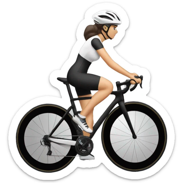 Ciclista MUJER de piel morena clara de contextura delgada estatura alta con zapatillas de ruta blancas licras negras y maillot blanco casco blanco sticker