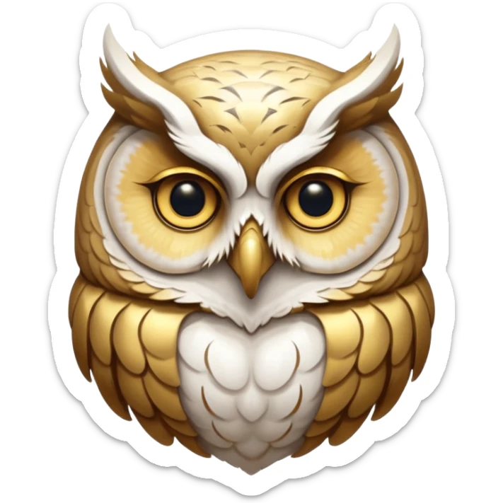 portrait of an ancient owl spirit known as “The White Owl of Oaths.”
Pale owl face emerging from mist and shadow.
No visible pupils, eyes glow softly gold or appear as deep void. 
Bone-white, warm gold, and soft shadow tones.
Centered, icon-style framing, limited palette sticker