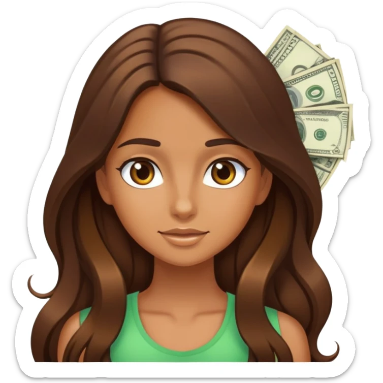 tanned girl with long brown hair and lots of money sticker