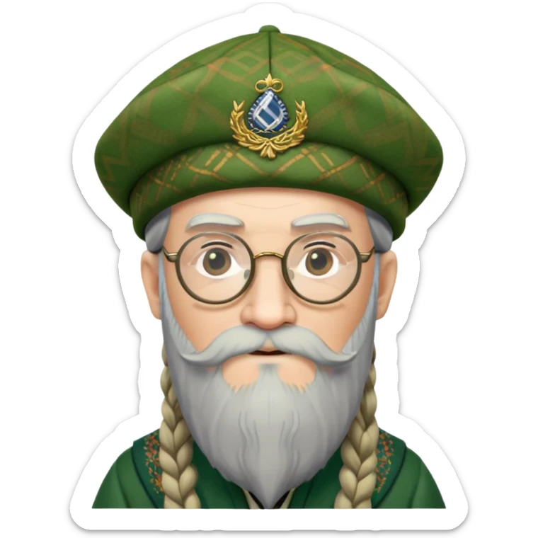 Dumbledore wear green scotland Tam o'shanter cap with decorative patterns, wear glasses, very long beard sticker
