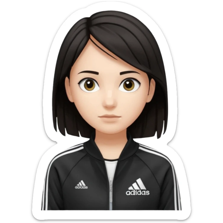 A girl with  medium length, dark hair, fair skin. The style is a soft, layered cut that falls around her shoulders. wore black Adidas track jacket with white stripes on the sleeves. It has a full zipper down the front, a stand-up collar, and the Adidas logo on the right chest emoji sticker