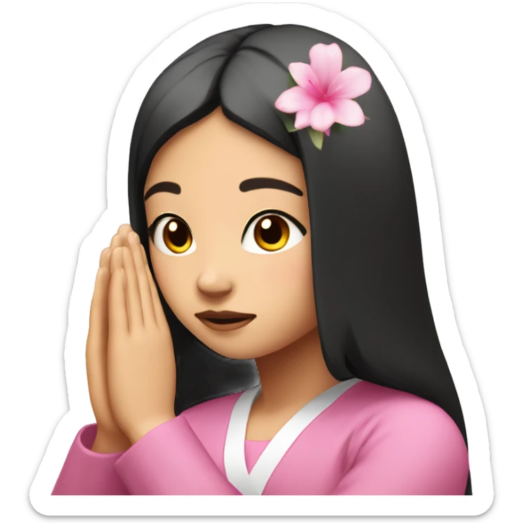 asian girl with black straight hair praying with pink flora in hair sticker