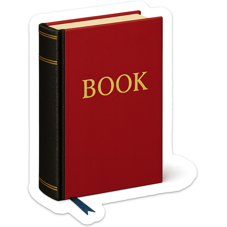Book with red cover, gold lettering, black spine, blue bookmark, elegant literary style sticker