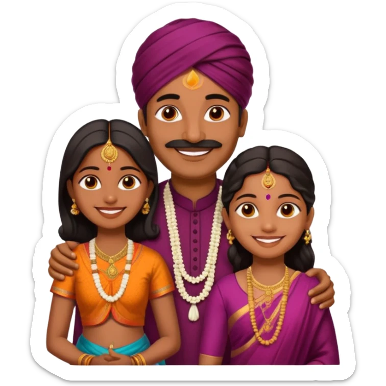 South indian hindu family with a 70 years old father and mother and one 40 years old daughter. They wear a traditional dress. They are smiling. sticker
