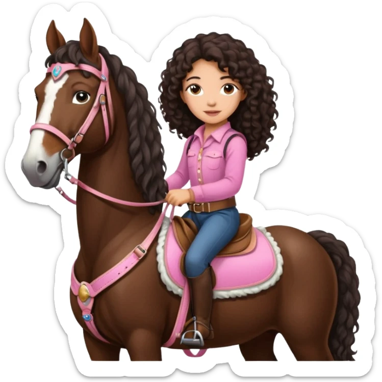 Realistic mixed race girl with long dark brown curly hair, riding a big shire draft horse, wearing pink harness and saddle  sticker
