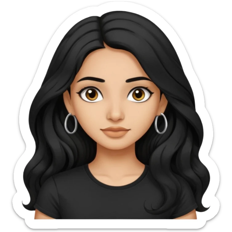 a pretty indian bratz girl with wavy long black hair, wearing a black tshirt, eyeliner on. no earrings sticker