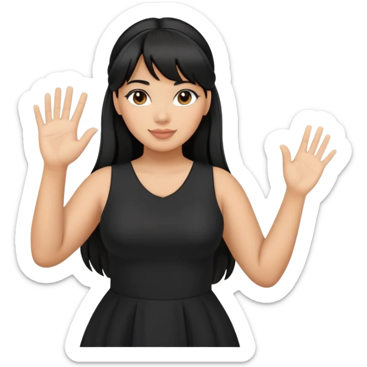 Latina girl with bangs black long hair in pony tail plus size black dress waving hand hello sticker