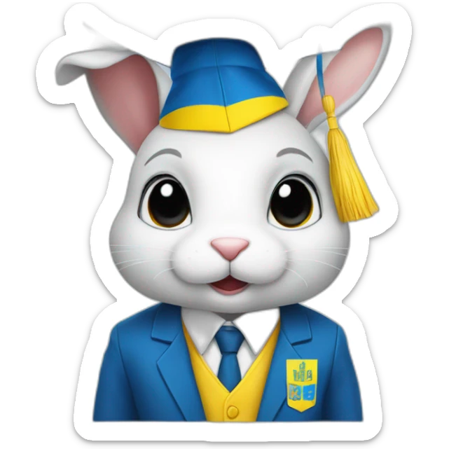 A rabbit student in a suit in the color of the Ukrainian flag in a square academic cap sticker