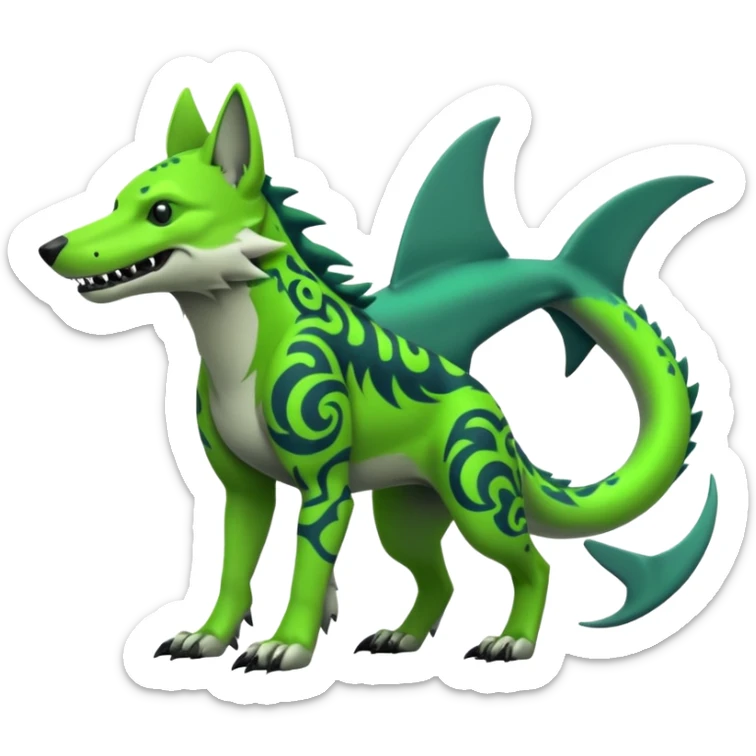 Edgy cool badass Neon-green landhai-sergal-dingo-hyena-wolf-raptor, with a shark tail, with black and dark-green swirly patterns markings sticker