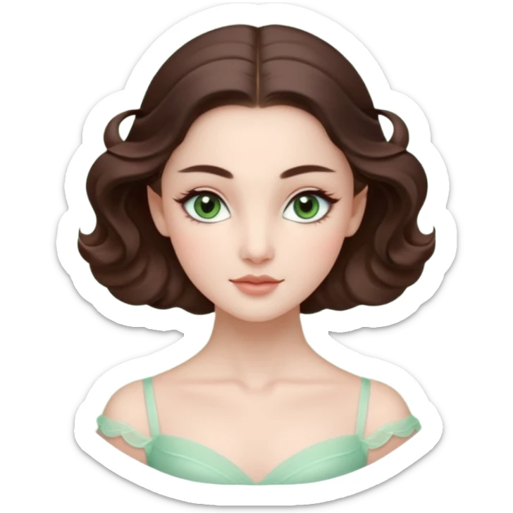 Cinema Realistic Ballerina Portrait, with porcelain-like skin featuring a natural rosy flush, illuminated by soft lighting that highlights the gentle contours of her face. Her Brunette hair flows in soft.Her deep green light eyes radiate framed by arched brows and long lashes. sticker