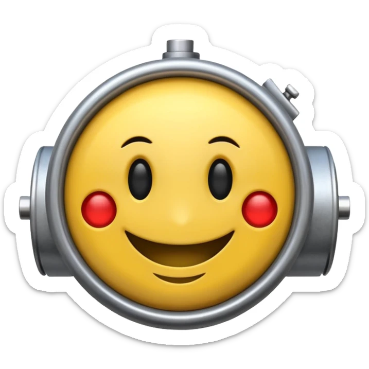 Industrial mechanical motor with a smiley face, emoji for the new electric music genre Motor breaks must be friendly and sellable must be small but clear child friendly, ready to use as a logo sticker