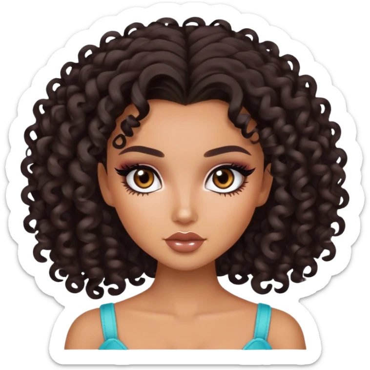 curly dark hair, pretty eyes, pretty makeup, pretty bratz baddie sticker