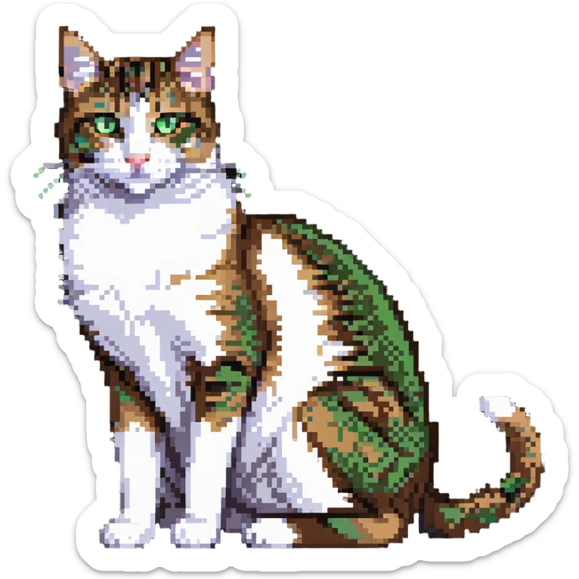 Brown, white, and black tabby cat with green eyes sitting to show its white belly, pixelated art sticker