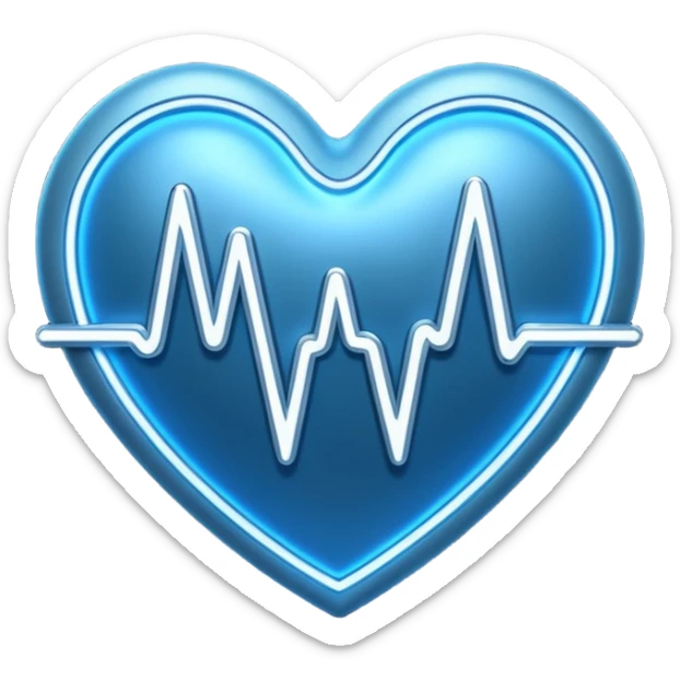 Futuristic premium medical AI logo emoji, sleek metallic heart or shield, ECG line forming stylized letters AI, neon blue and silver, 3D effect, glowing edges, minimal but bold, tech-savvy, high-tech healthcare branding, instantly recognizable, viral-ready, vector flat style with subtle shadows sticker
