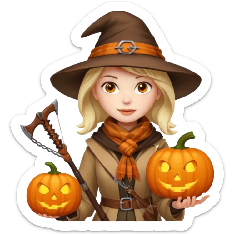 female human monster hunter emoji, wearing brown coat and hat, holding crossbow, soft smile, scarf, glowing pumpkin by her side, Halloween fantasy style, clean vector Apple emoji look, bright colors, white background, square sticker