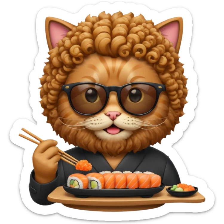 HAPPY CAT WITH CURLY HAIR AND A BIG BEARD wearing sunglasses and eating sushi sticker