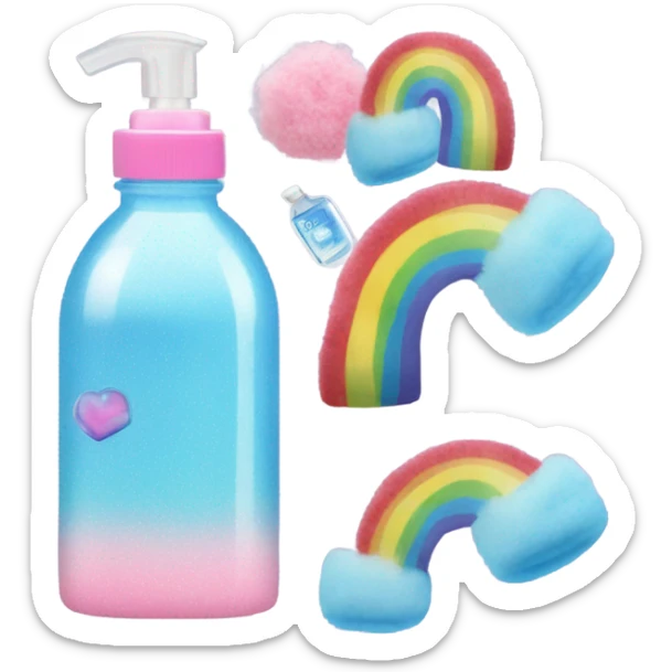 A blue UGGs, a cotton candy color water bottle, a rainbow hand sanitizer in the shape of a square sticker