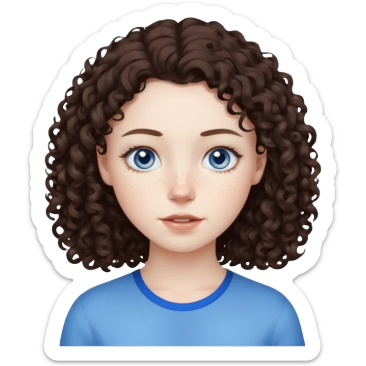 girl with dark brown curly hair, pale skin, blue eyes, some freckles, neutral expression sticker